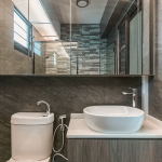 Bathroom with a vessel basin on a vanity and a green tiled wall