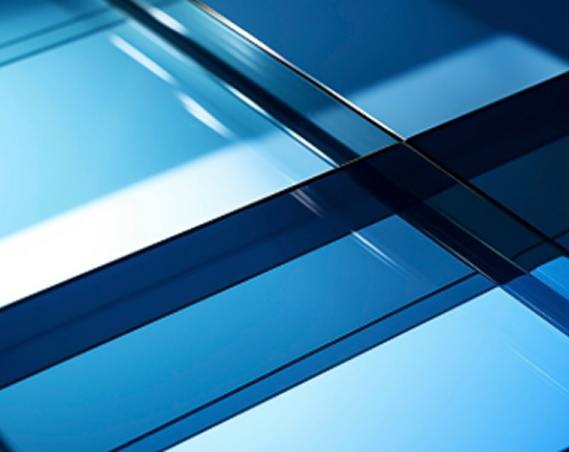 Close-up of layered blue glass panels