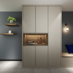 Grey feature cabinet with a timber display niche and floating shelf