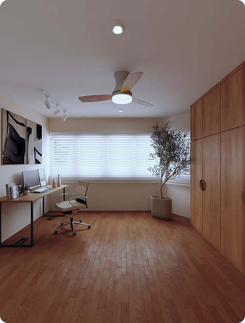 Home study room with a desk, ceiling fan and full-height timber wardrobe