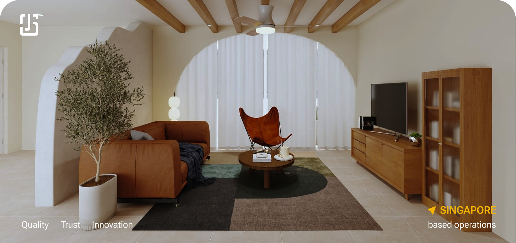 Living room design with an arched window, leather sofa and butterfly chair