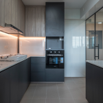 Kitchen with dark base cabinets, timber upper cabinets and under-cabinet lighting