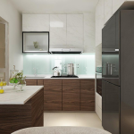 Kitchen with white upper cabinets, timber base cabinets and under-cabinet lighting
