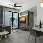 Living and dining area with a ceiling fan, TV and dining table