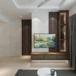 Living room with a TV feature wall framed by lit timber display shelves