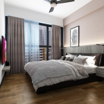 Master bedroom with a ceiling fan, timber flooring and a large window