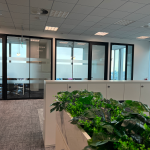 Office with a planter feature and glass-walled meeting rooms