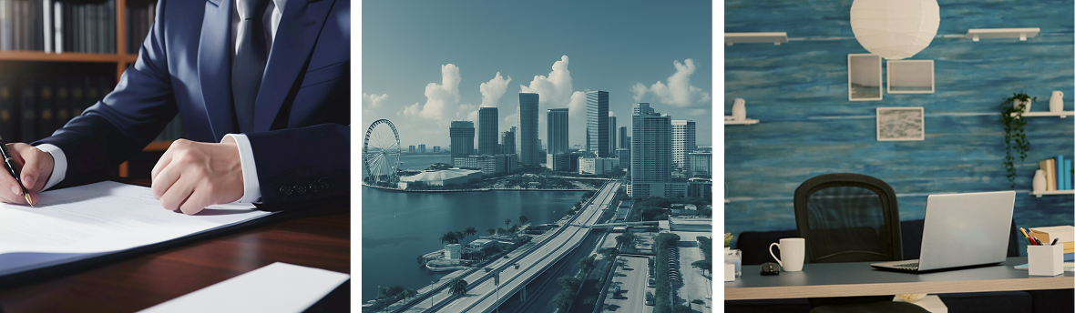 Collage of project paperwork, a city skyline and an office workspace