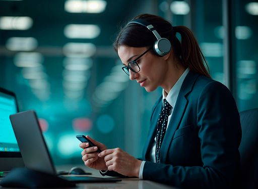 Woman with a headset using her phone and laptop at a desk