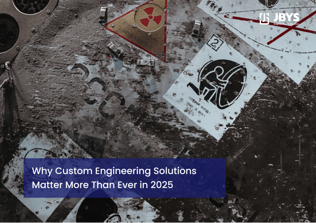 Overhead shot of technical engineering plans, a triangular radiation warning symbol, and various schematic sketches laid out on a textured background