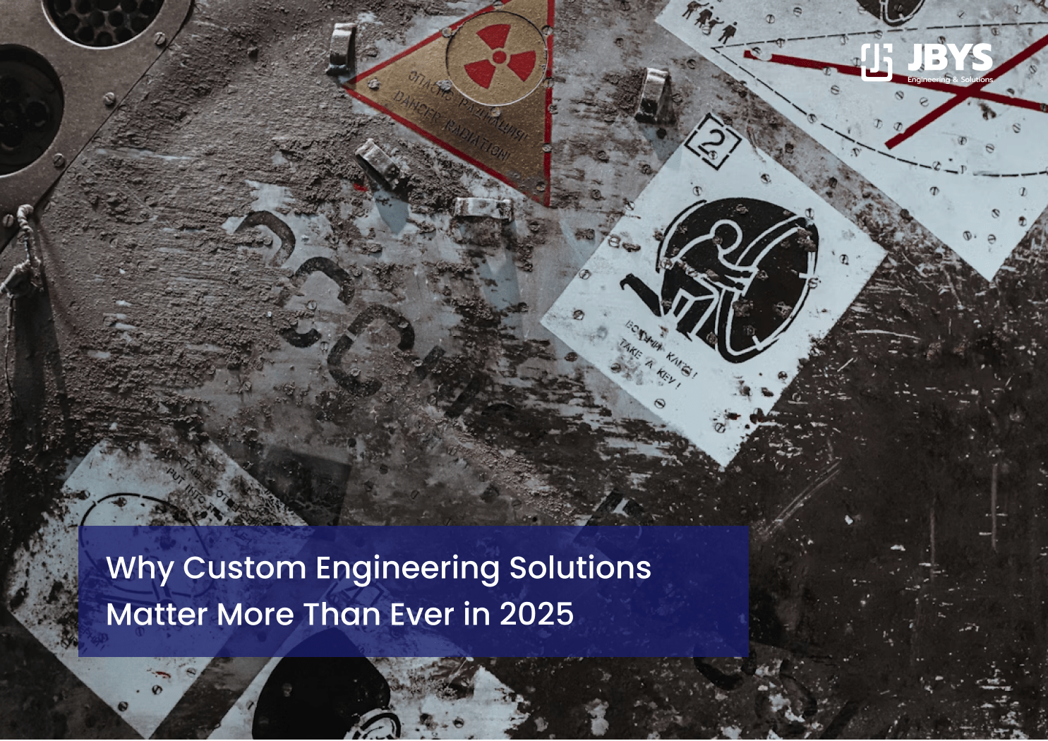 Overhead shot of technical engineering plans, a triangular radiation warning symbol, and various schematic sketches laid out on a textured background