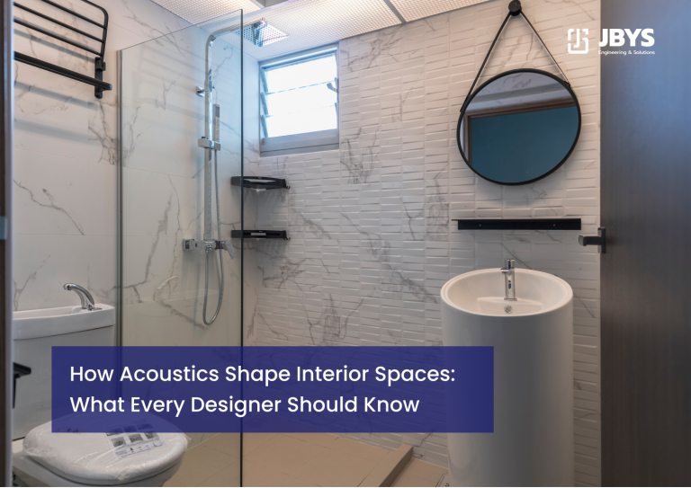 Modern tiled bathroom with a glass walk-in shower and hanging round mirror.