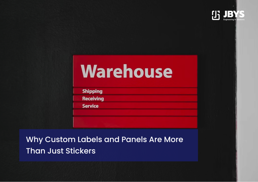 A red rectangular multi-slat wall sign reading 'Warehouse' in large white text, with sub-sections for 'Shipping', 'Receiving', and 'Service' mounted against a dark textured wall
