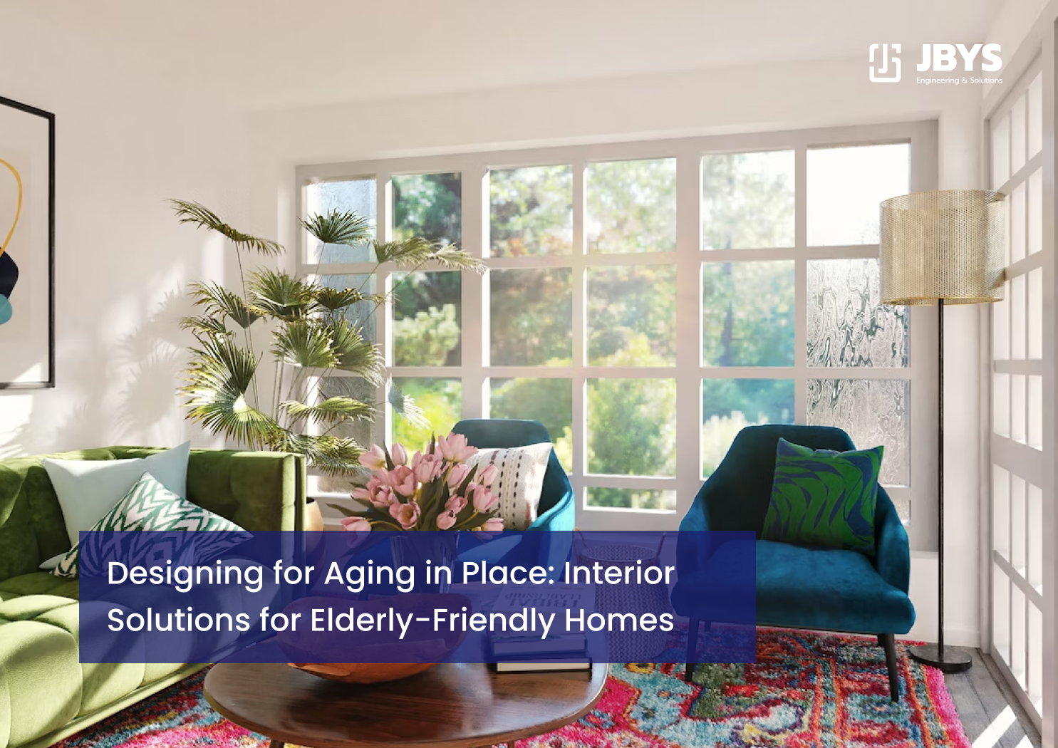 Sunlit living room with green armchairs and a patterned rug for elderly-friendly living