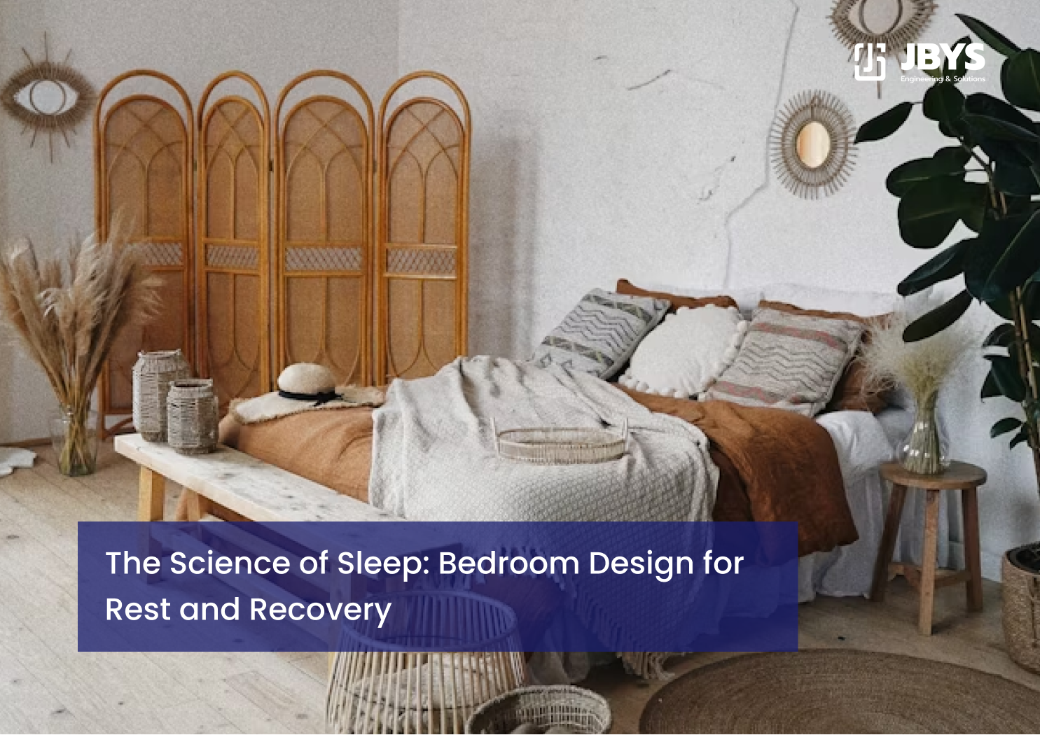 Calm bedroom with a woven headboard screen and linen bedding