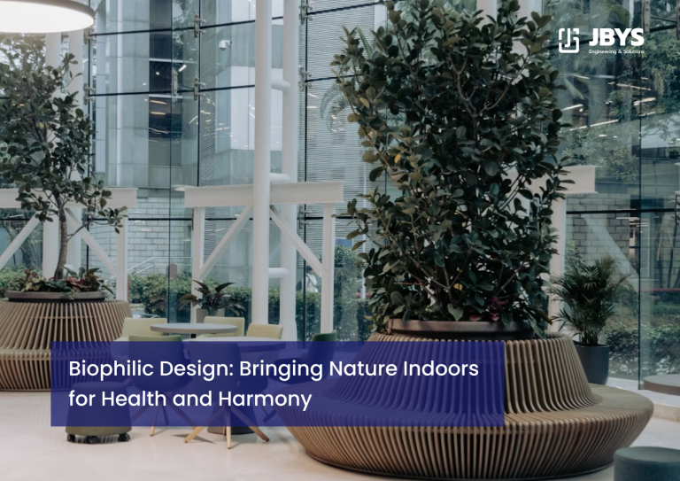 Glass atrium with large potted trees and a curved timber bench