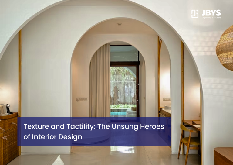 White arched doorways with textured plaster walls