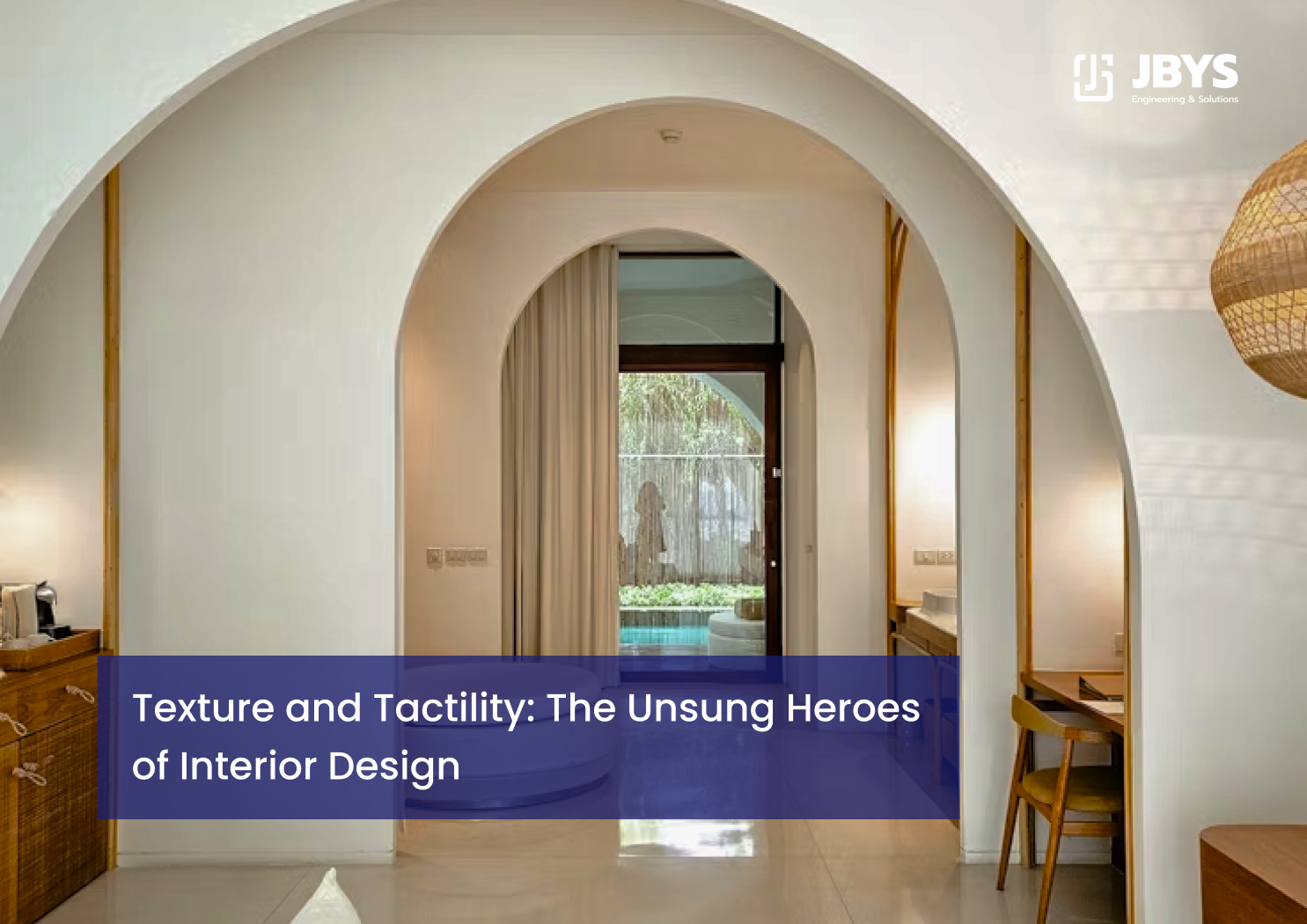 White arched doorways with textured plaster walls