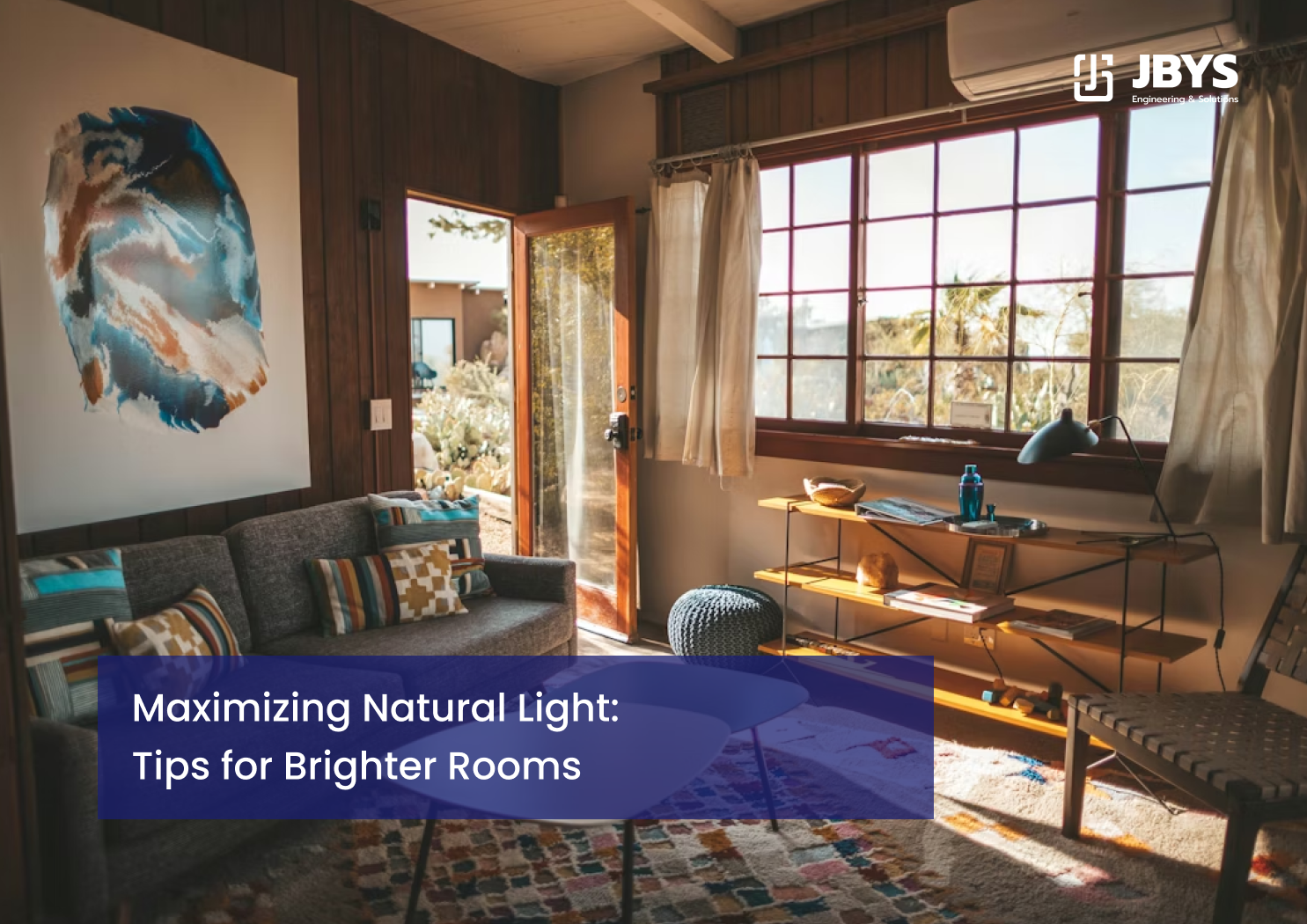 Maximizing Natural Light: Tips for Brighter Rooms featured over a sunlit living room with wood paneling and large grid windows