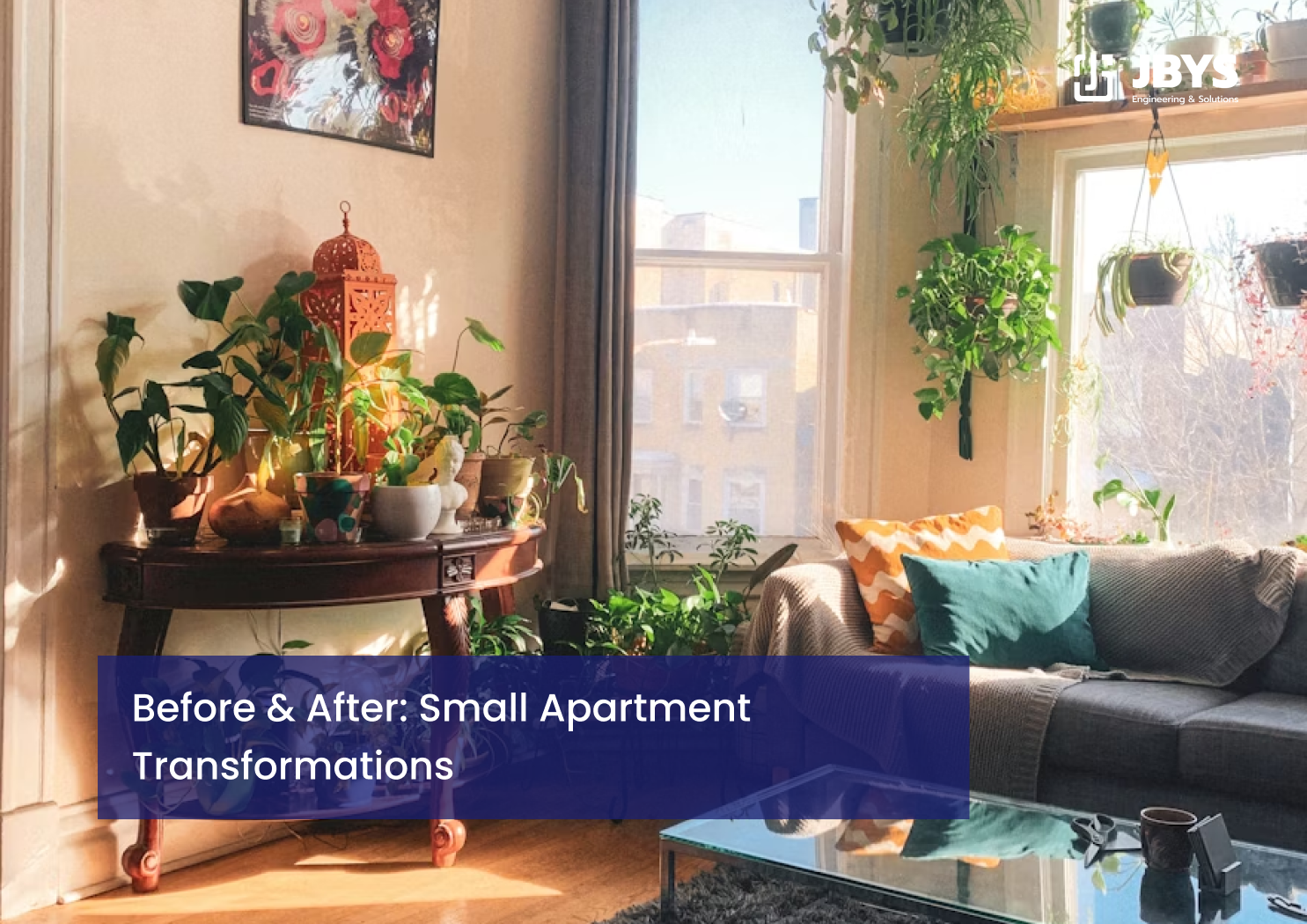 Small apartment living room with plants and a city view