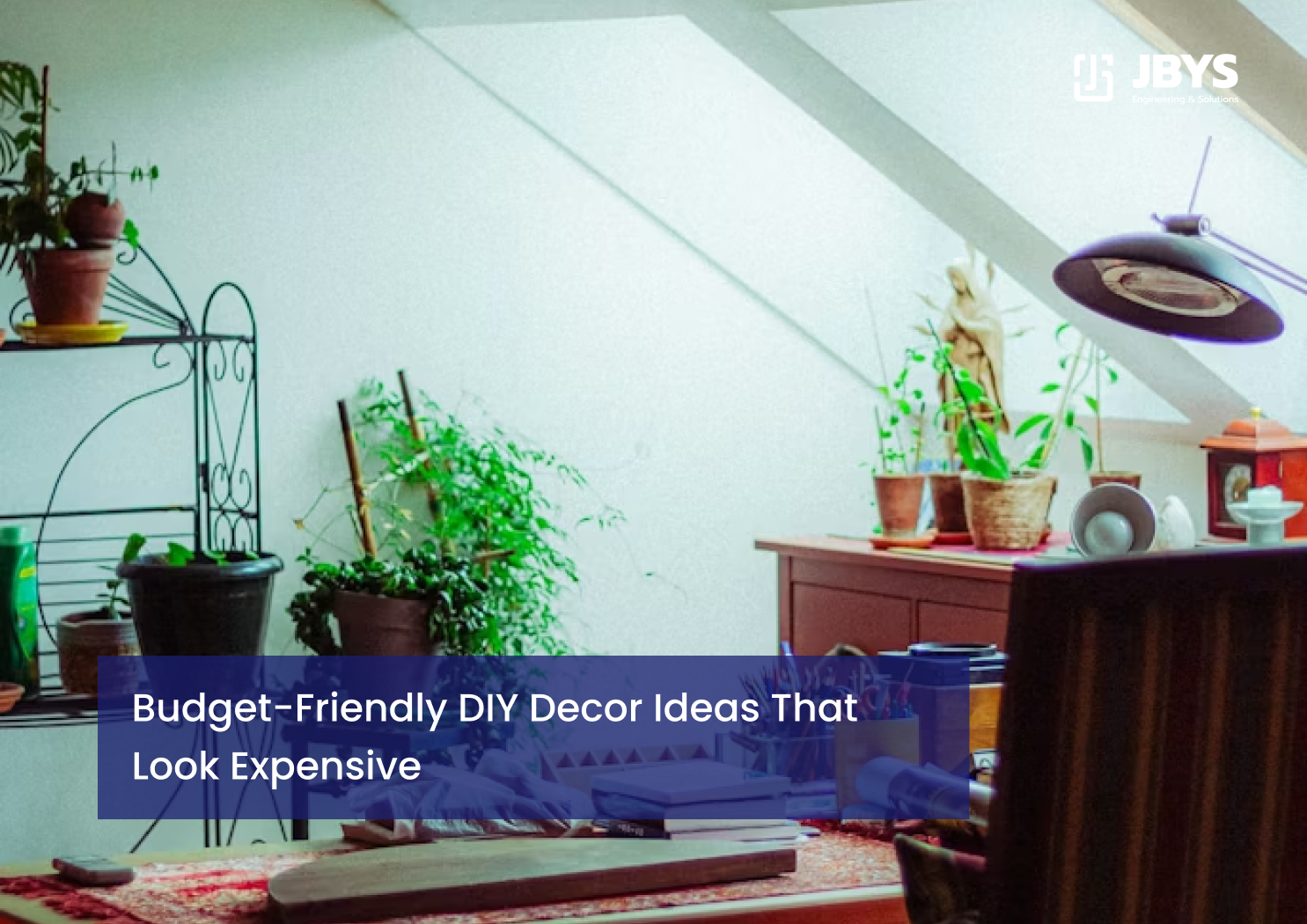 Sunny room decorated with potted plants on stands