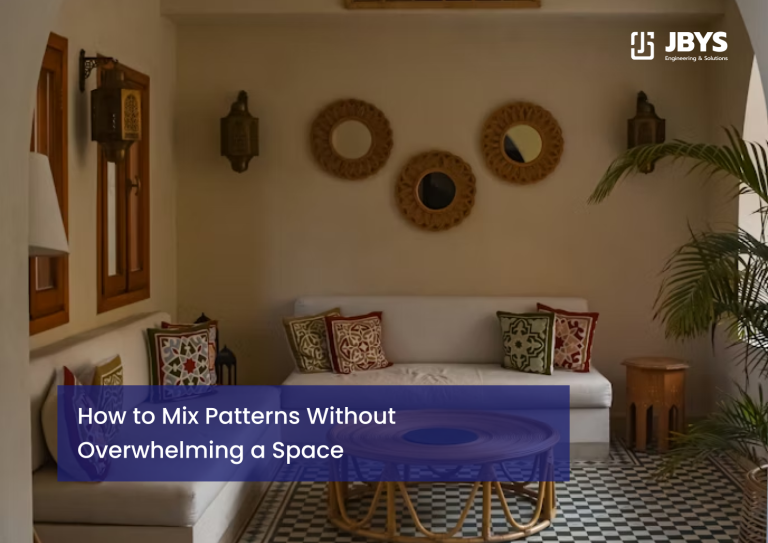 Living room with patterned cushions and a cluster of round mirrors