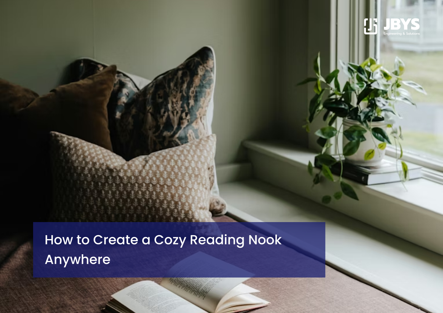Window seat reading nook with cushions and a potted plant