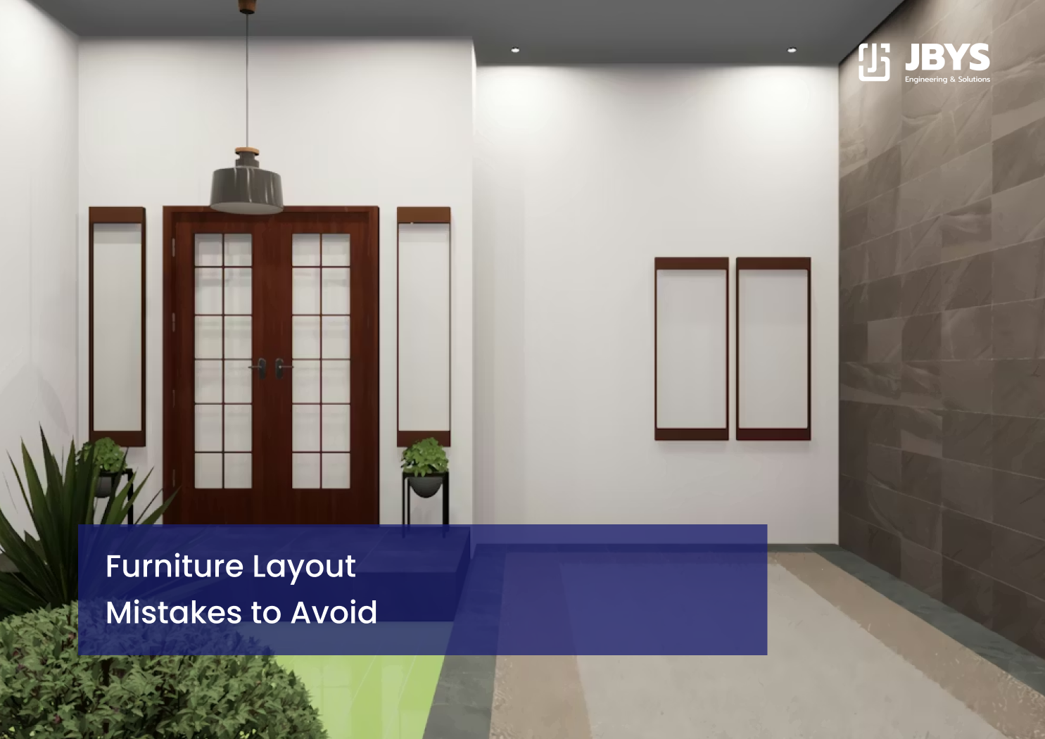Empty room with a timber door and textured grey wall