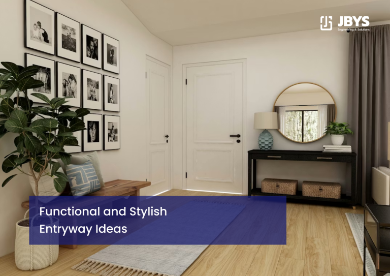 Entryway with a console table, gallery wall frames and a round mirror