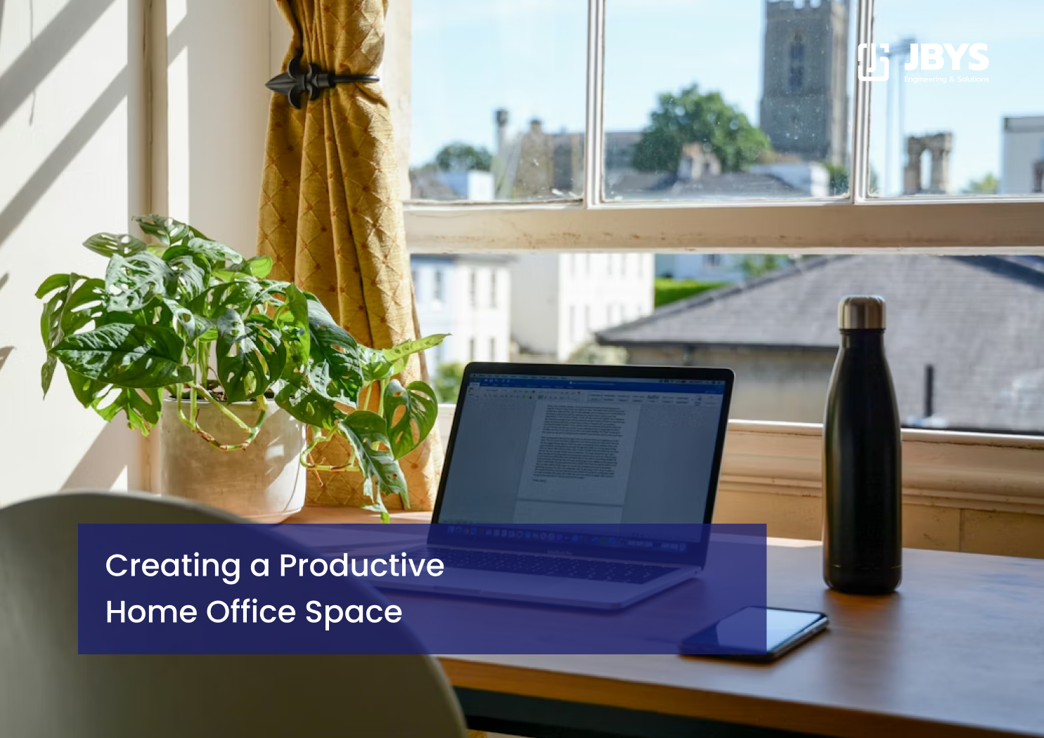 Home office desk by a window with a laptop and plant