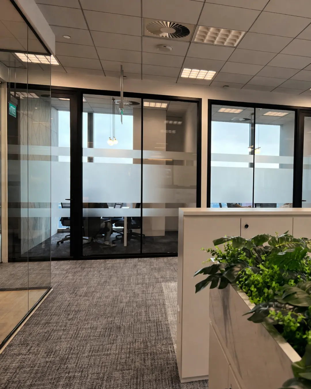 Modern open-plan office fit-out with white workstations, black chairs and planter dividers