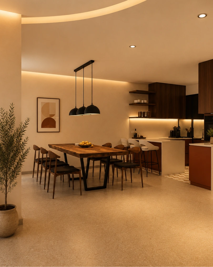 Compact fitted kitchen with timber cabinetry, black hob and integrated appliances