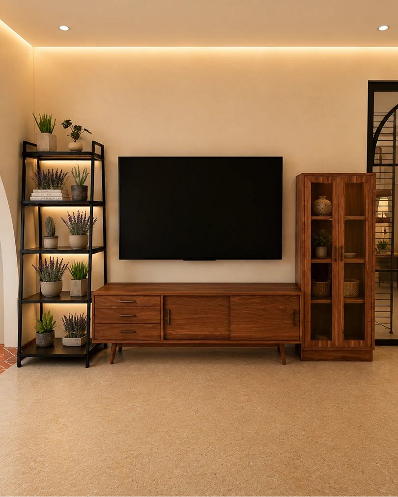 Compact fitted kitchen with timber cabinetry, black hob and integrated appliances