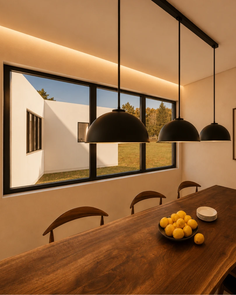 Compact fitted kitchen with timber cabinetry, black hob and integrated appliances