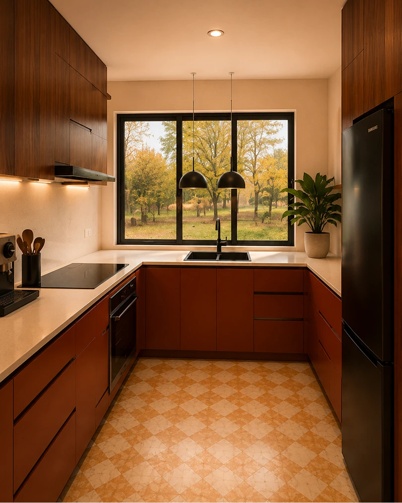 Compact fitted kitchen with timber cabinetry, black hob and integrated appliances