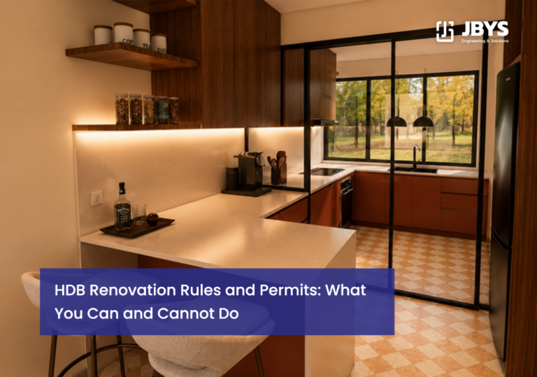 A modern kitchen interior with wooden cabinetry, white countertops, and bar seating, featuring an overlay graphic for an article about HDB renovation rules and permits.