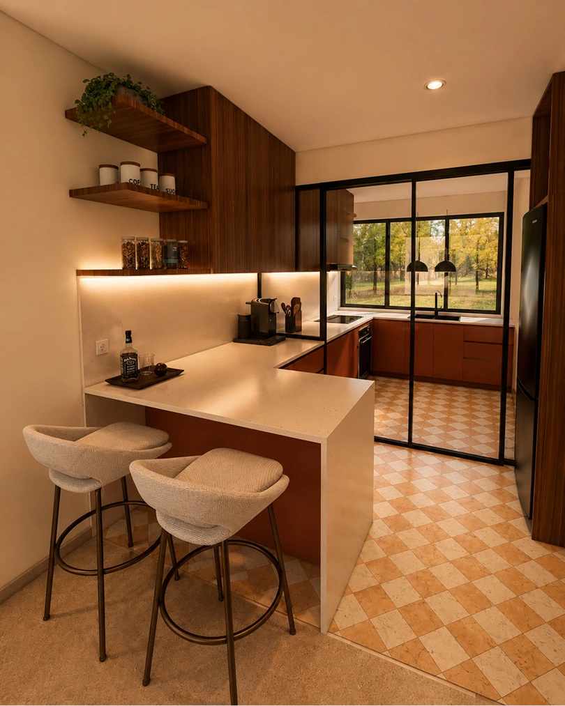 Kitchen renovation with a breakfast counter, bar stools and a black-framed glass partition